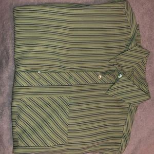 Long sleeve shirt green with blue stripes.